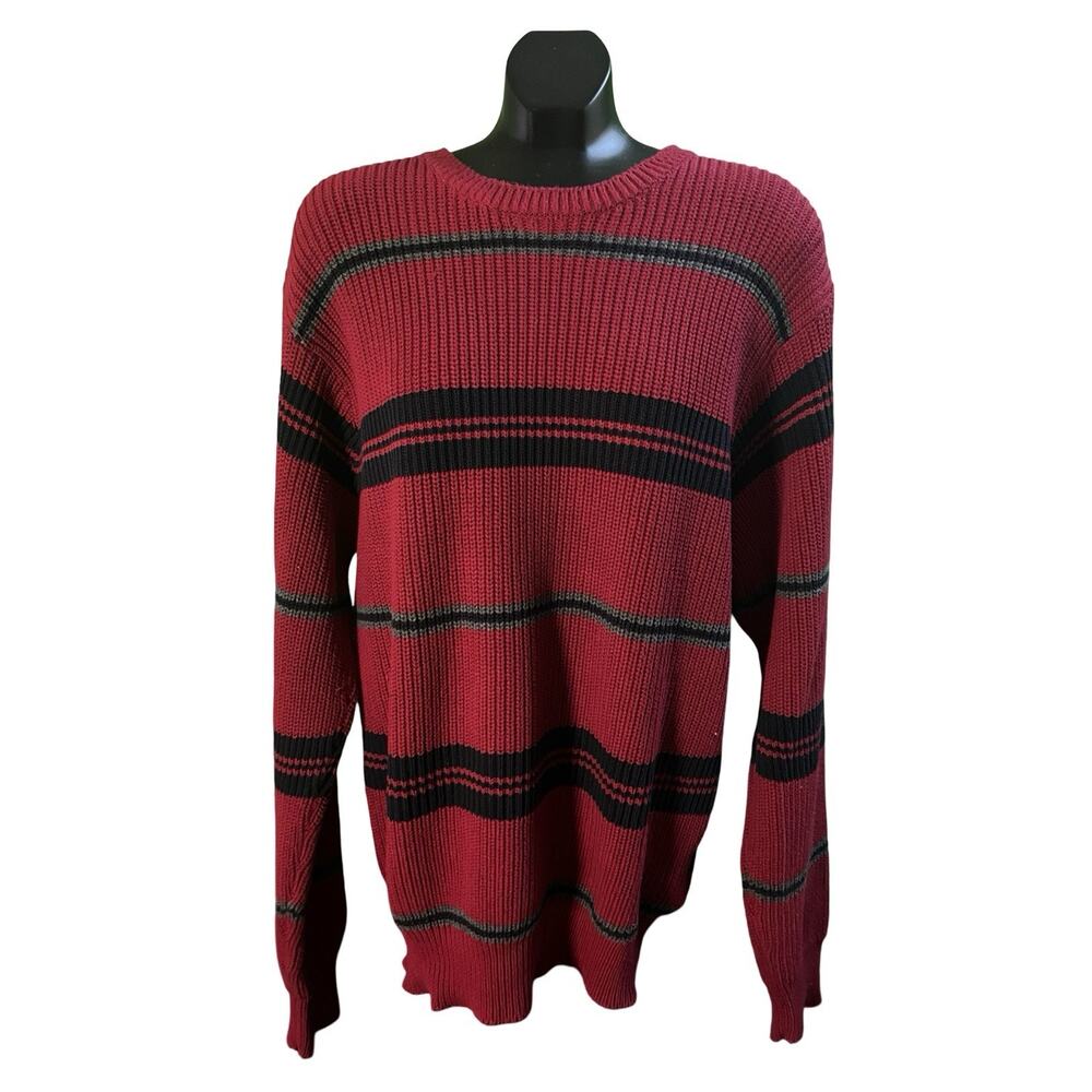 Nautica Men’s Sweater Red Black Grey Stripe Knit Crew Neck XXL